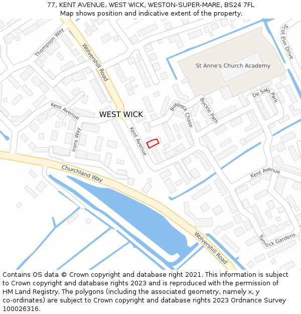 77, KENT AVENUE, WEST WICK, WESTON-SUPER-MARE, BS24 7FL: Location map and indicative extent of plot
