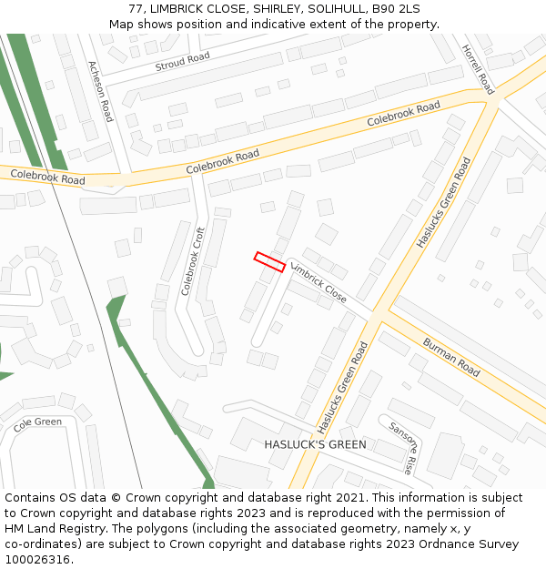77, LIMBRICK CLOSE, SHIRLEY, SOLIHULL, B90 2LS: Location map and indicative extent of plot