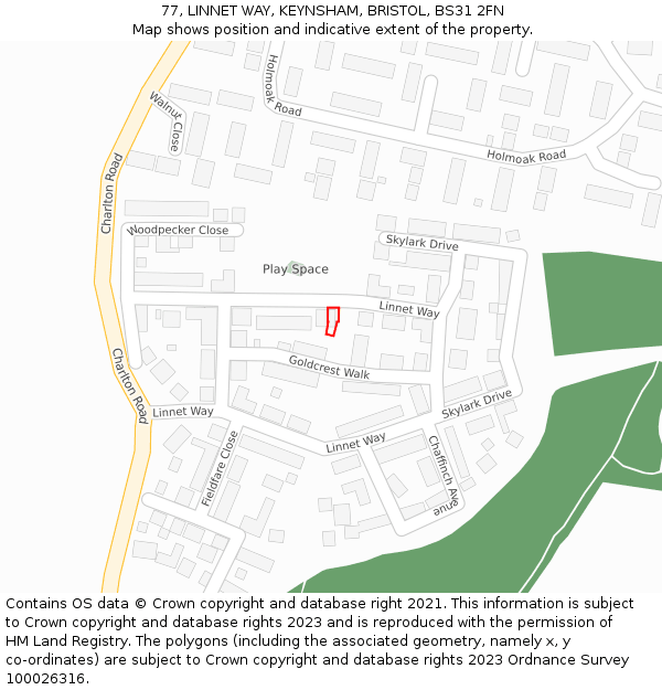 77, LINNET WAY, KEYNSHAM, BRISTOL, BS31 2FN: Location map and indicative extent of plot