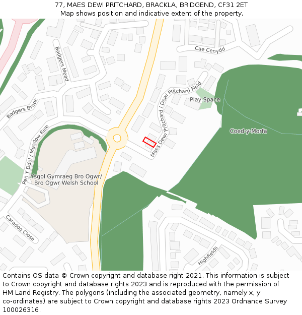 77, MAES DEWI PRITCHARD, BRACKLA, BRIDGEND, CF31 2ET: Location map and indicative extent of plot