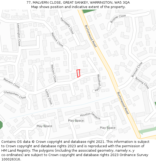 77, MALVERN CLOSE, GREAT SANKEY, WARRINGTON, WA5 3QA: Location map and indicative extent of plot