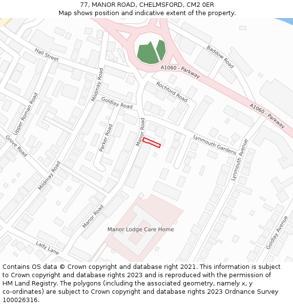 77, MANOR ROAD, CHELMSFORD, CM2 0ER: Location map and indicative extent of plot