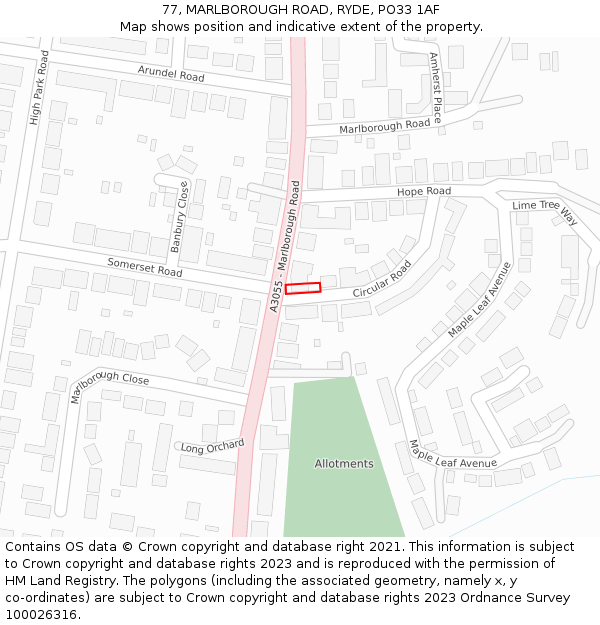 77, MARLBOROUGH ROAD, RYDE, PO33 1AF: Location map and indicative extent of plot