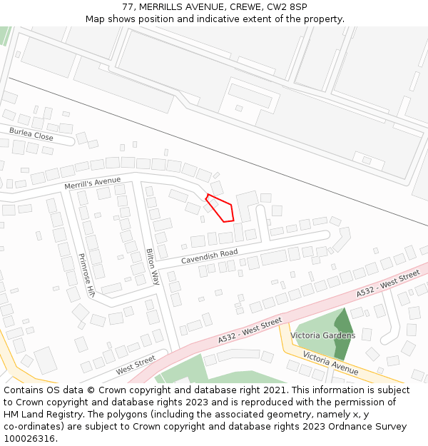 77, MERRILLS AVENUE, CREWE, CW2 8SP: Location map and indicative extent of plot