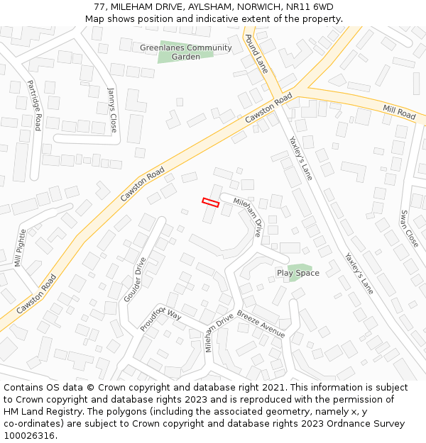 77, MILEHAM DRIVE, AYLSHAM, NORWICH, NR11 6WD: Location map and indicative extent of plot