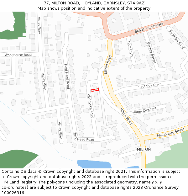 77, MILTON ROAD, HOYLAND, BARNSLEY, S74 9AZ: Location map and indicative extent of plot