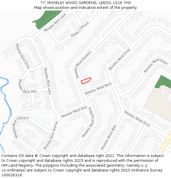 77, MOSELEY WOOD GARDENS, LEEDS, LS16 7HX: Location map and indicative extent of plot