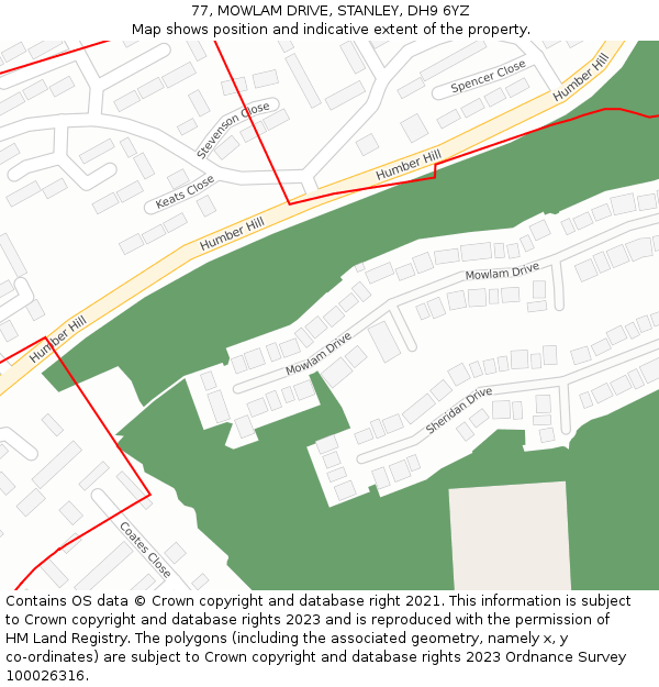 77, MOWLAM DRIVE, STANLEY, DH9 6YZ: Location map and indicative extent of plot