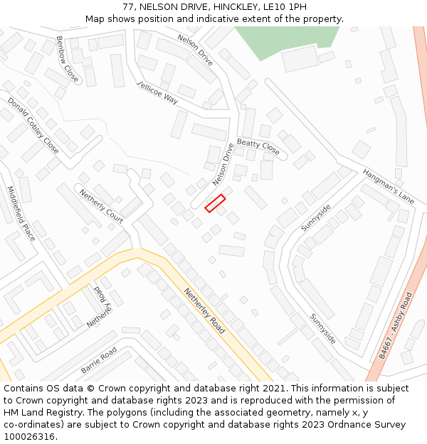 77, NELSON DRIVE, HINCKLEY, LE10 1PH: Location map and indicative extent of plot