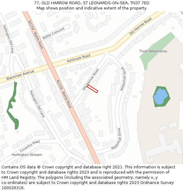 77, OLD HARROW ROAD, ST LEONARDS-ON-SEA, TN37 7ED: Location map and indicative extent of plot