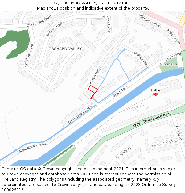 77, ORCHARD VALLEY, HYTHE, CT21 4EB: Location map and indicative extent of plot