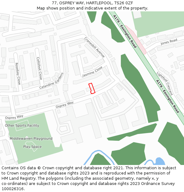 77, OSPREY WAY, HARTLEPOOL, TS26 0ZF: Location map and indicative extent of plot