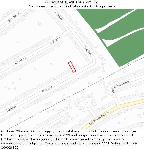 77, OVERDALE, ASHTEAD, KT21 1PU: Location map and indicative extent of plot