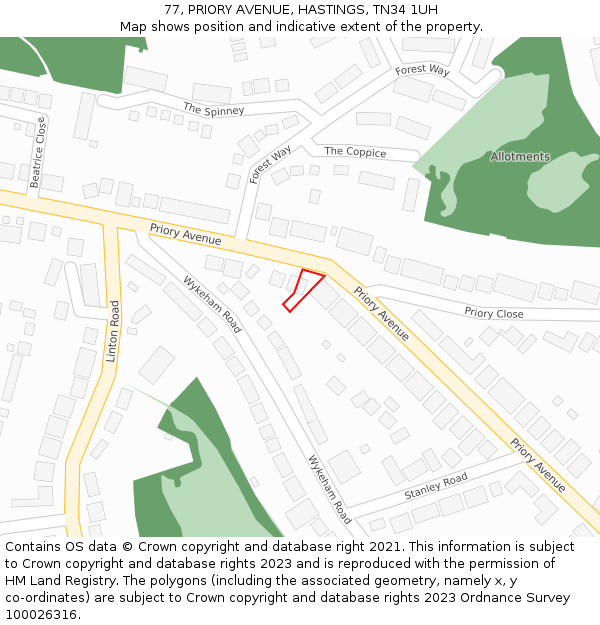 77, PRIORY AVENUE, HASTINGS, TN34 1UH: Location map and indicative extent of plot