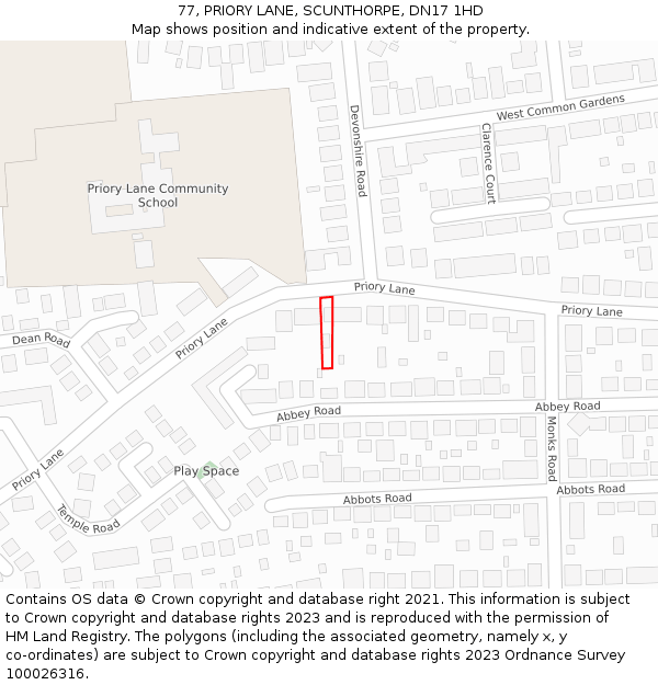 77, PRIORY LANE, SCUNTHORPE, DN17 1HD: Location map and indicative extent of plot