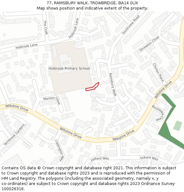 77, RAMSBURY WALK, TROWBRIDGE, BA14 0UX: Location map and indicative extent of plot