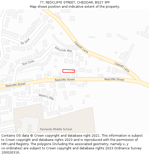 77, REDCLIFFE STREET, CHEDDAR, BS27 3PF: Location map and indicative extent of plot