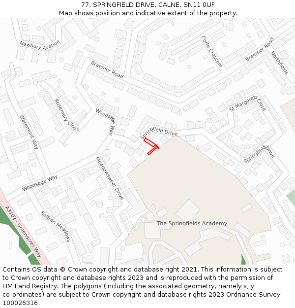 77, SPRINGFIELD DRIVE, CALNE, SN11 0UF: Location map and indicative extent of plot