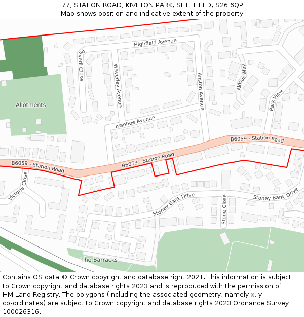 77, STATION ROAD, KIVETON PARK, SHEFFIELD, S26 6QP: Location map and indicative extent of plot