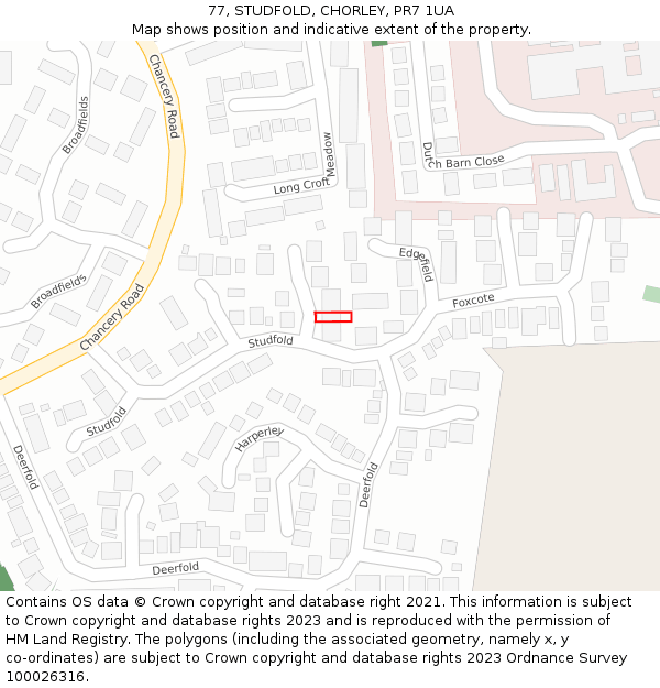77, STUDFOLD, CHORLEY, PR7 1UA: Location map and indicative extent of plot