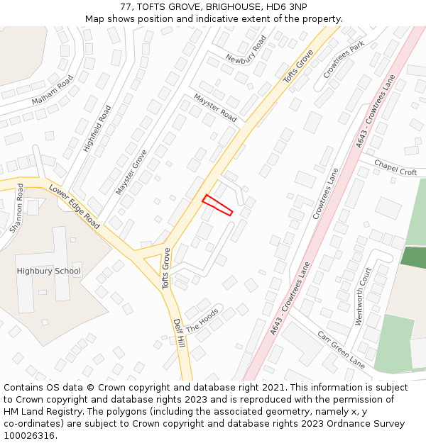 77, TOFTS GROVE, BRIGHOUSE, HD6 3NP: Location map and indicative extent of plot