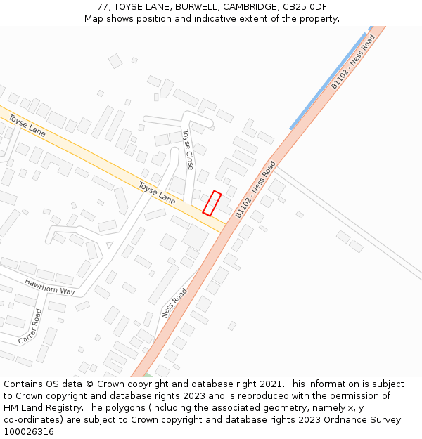 77, TOYSE LANE, BURWELL, CAMBRIDGE, CB25 0DF: Location map and indicative extent of plot