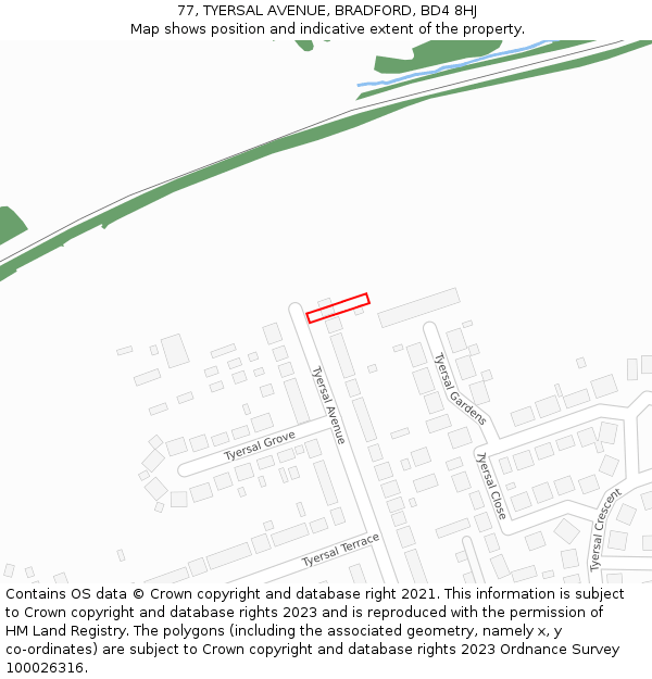 77, TYERSAL AVENUE, BRADFORD, BD4 8HJ: Location map and indicative extent of plot