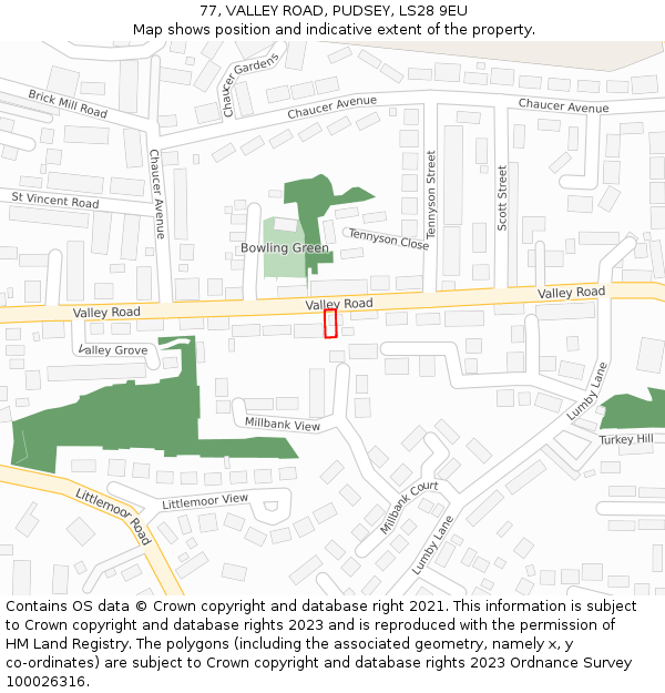 77, VALLEY ROAD, PUDSEY, LS28 9EU: Location map and indicative extent of plot