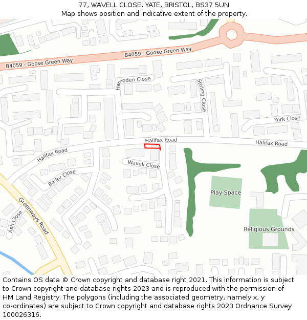 77, WAVELL CLOSE, YATE, BRISTOL, BS37 5UN: Location map and indicative extent of plot