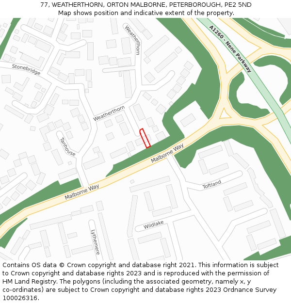 77, WEATHERTHORN, ORTON MALBORNE, PETERBOROUGH, PE2 5ND: Location map and indicative extent of plot