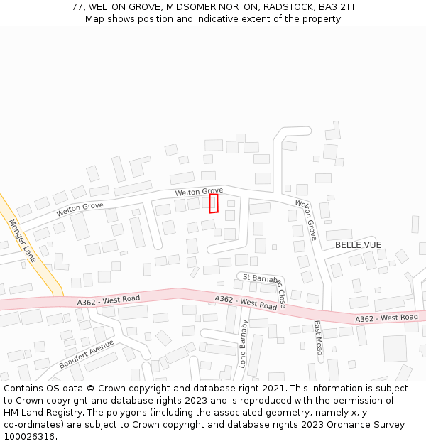 77, WELTON GROVE, MIDSOMER NORTON, RADSTOCK, BA3 2TT: Location map and indicative extent of plot
