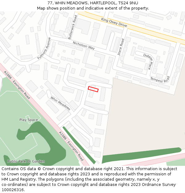 77, WHIN MEADOWS, HARTLEPOOL, TS24 9NU: Location map and indicative extent of plot