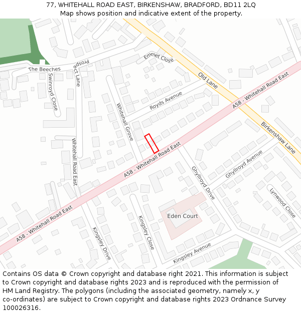 77, WHITEHALL ROAD EAST, BIRKENSHAW, BRADFORD, BD11 2LQ: Location map and indicative extent of plot