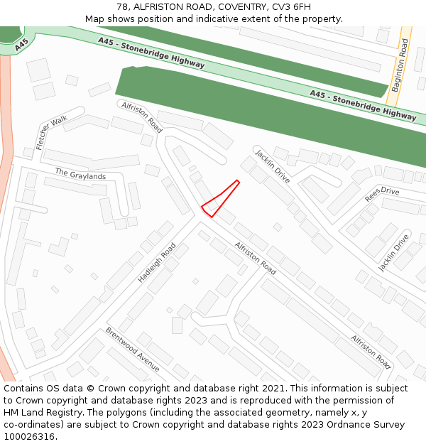 78, ALFRISTON ROAD, COVENTRY, CV3 6FH: Location map and indicative extent of plot