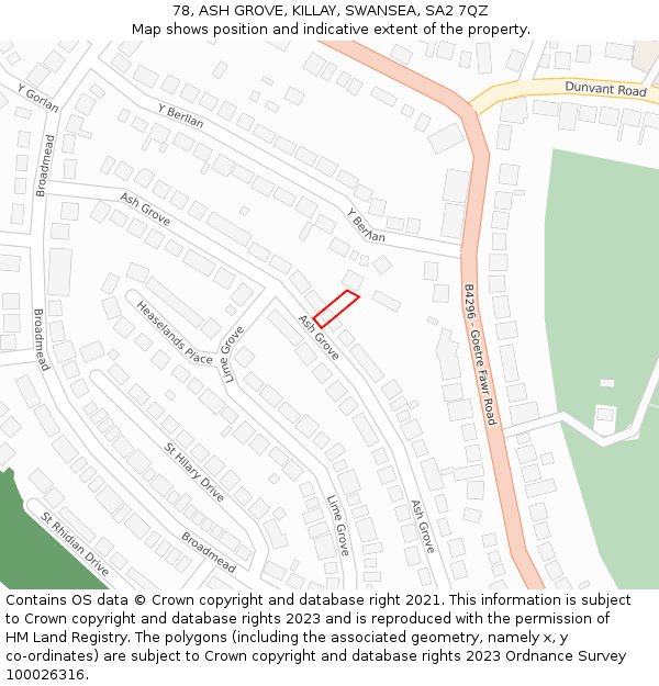 78, ASH GROVE, KILLAY, SWANSEA, SA2 7QZ: Location map and indicative extent of plot