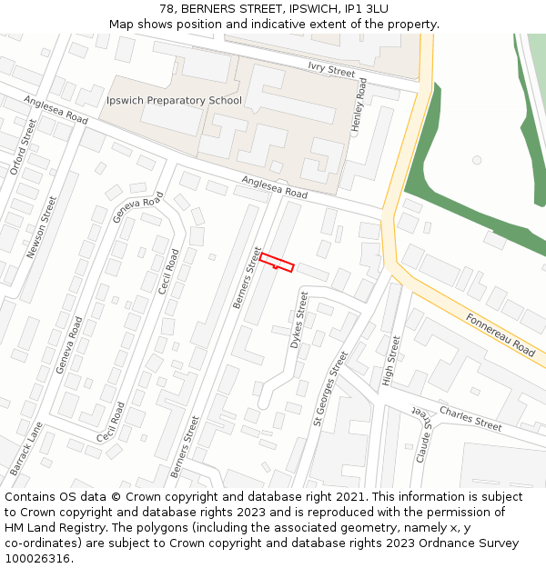 78, BERNERS STREET, IPSWICH, IP1 3LU: Location map and indicative extent of plot