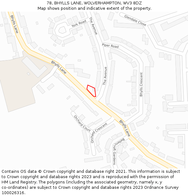 78, BHYLLS LANE, WOLVERHAMPTON, WV3 8DZ: Location map and indicative extent of plot