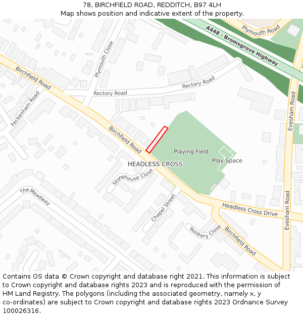 78, BIRCHFIELD ROAD, REDDITCH, B97 4LH: Location map and indicative extent of plot
