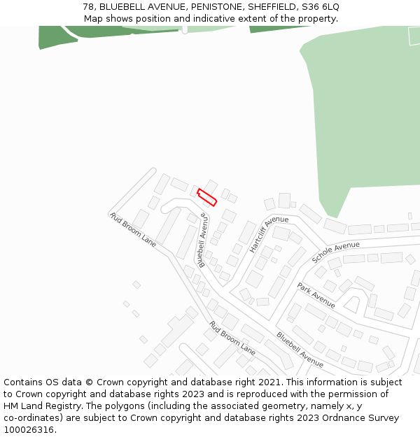78, BLUEBELL AVENUE, PENISTONE, SHEFFIELD, S36 6LQ: Location map and indicative extent of plot