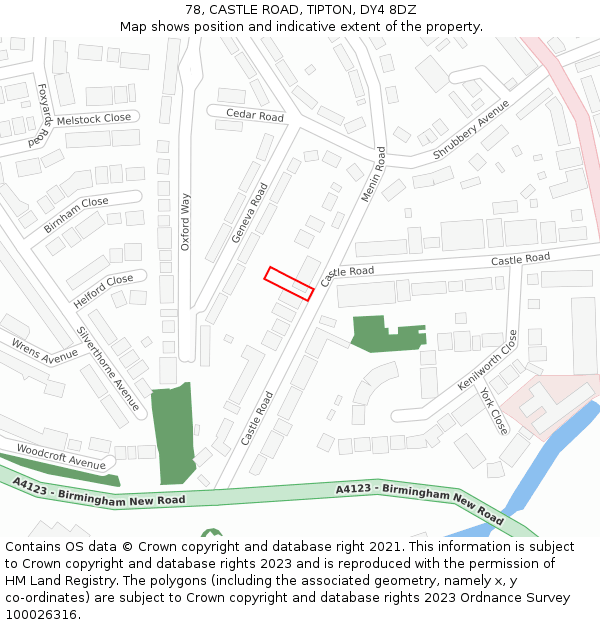 78, CASTLE ROAD, TIPTON, DY4 8DZ: Location map and indicative extent of plot
