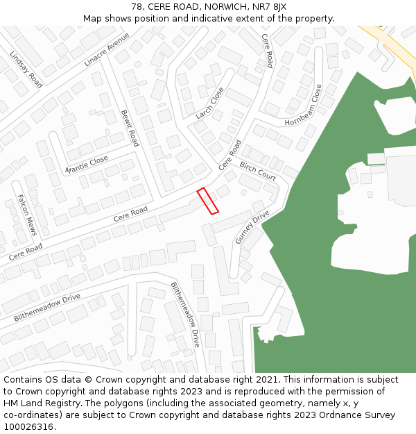 78, CERE ROAD, NORWICH, NR7 8JX: Location map and indicative extent of plot
