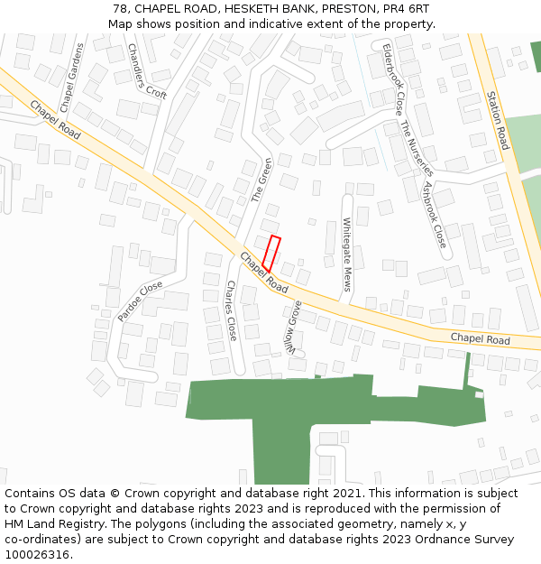 78, CHAPEL ROAD, HESKETH BANK, PRESTON, PR4 6RT: Location map and indicative extent of plot
