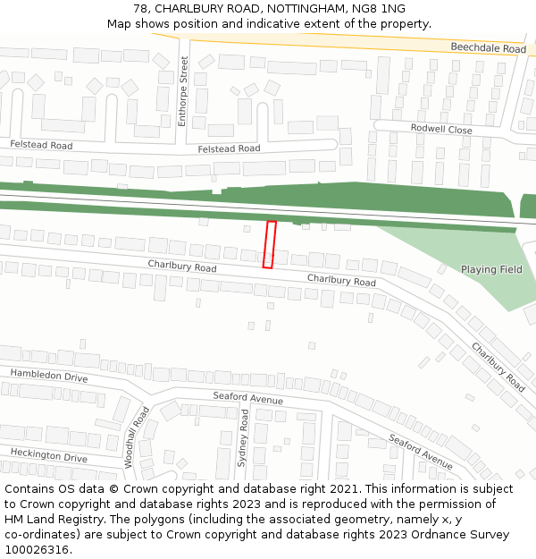 78, CHARLBURY ROAD, NOTTINGHAM, NG8 1NG: Location map and indicative extent of plot
