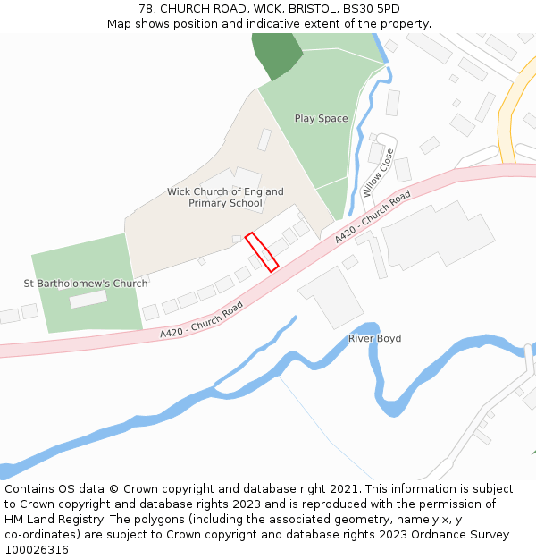 78, CHURCH ROAD, WICK, BRISTOL, BS30 5PD: Location map and indicative extent of plot