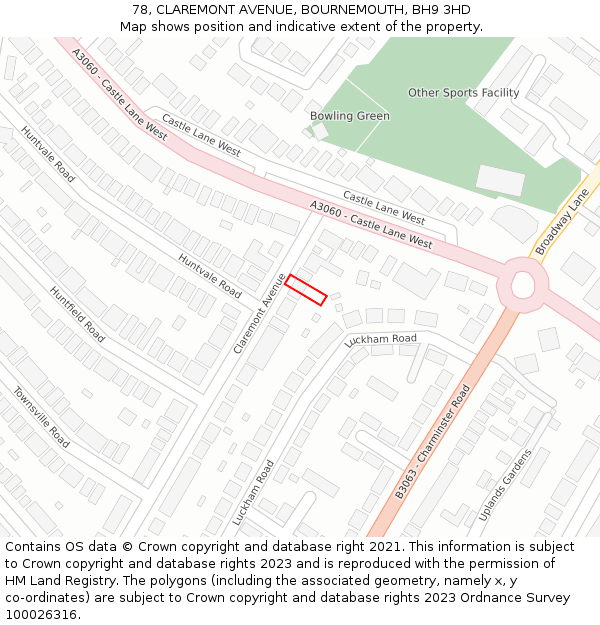 78, CLAREMONT AVENUE, BOURNEMOUTH, BH9 3HD: Location map and indicative extent of plot