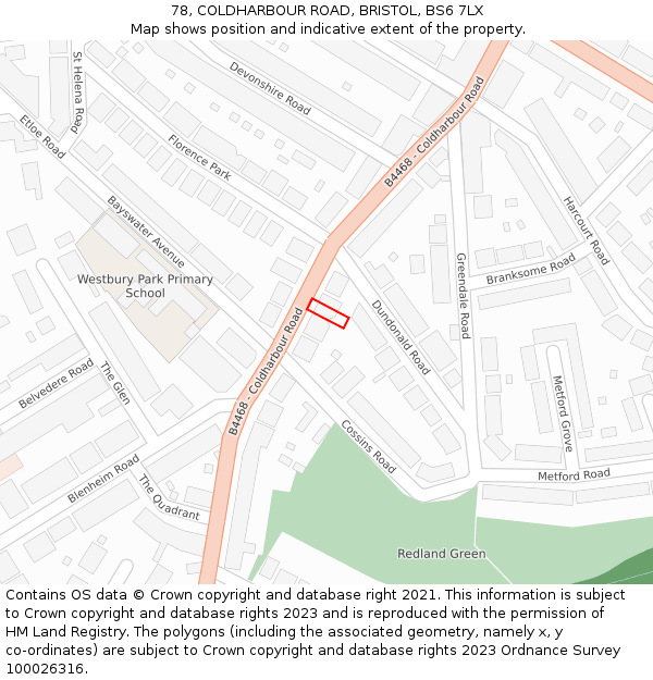 78, COLDHARBOUR ROAD, BRISTOL, BS6 7LX: Location map and indicative extent of plot