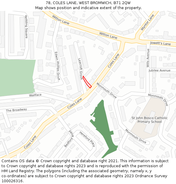 78, COLES LANE, WEST BROMWICH, B71 2QW: Location map and indicative extent of plot
