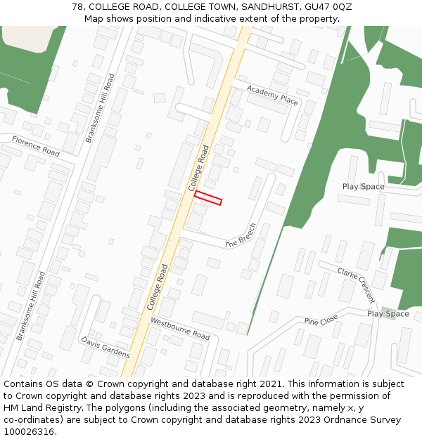 78, COLLEGE ROAD, COLLEGE TOWN, SANDHURST, GU47 0QZ: Location map and indicative extent of plot