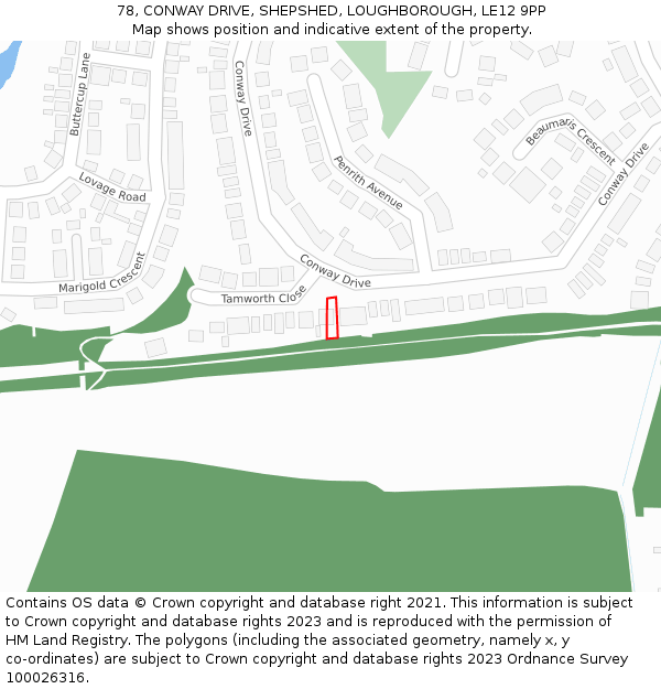 78, CONWAY DRIVE, SHEPSHED, LOUGHBOROUGH, LE12 9PP: Location map and indicative extent of plot