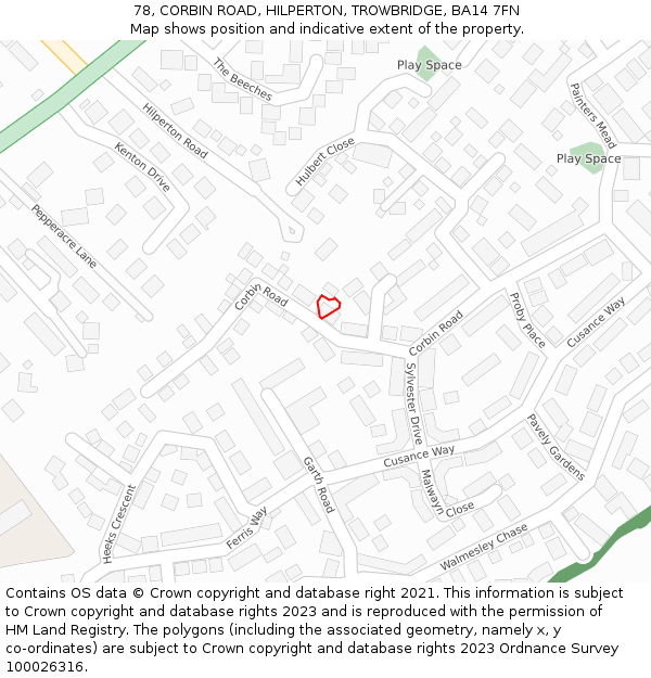 78, CORBIN ROAD, HILPERTON, TROWBRIDGE, BA14 7FN: Location map and indicative extent of plot